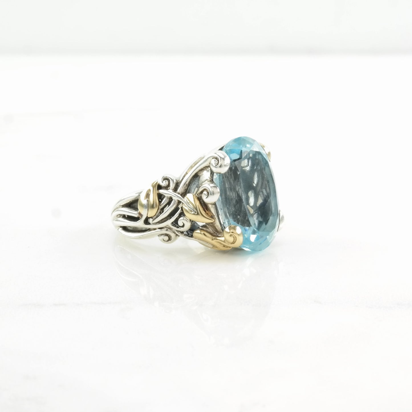 Barbara Bixby Silver Ring Topaz 18K Gold Accent, Leaf Sterling Sky Blue Size 7