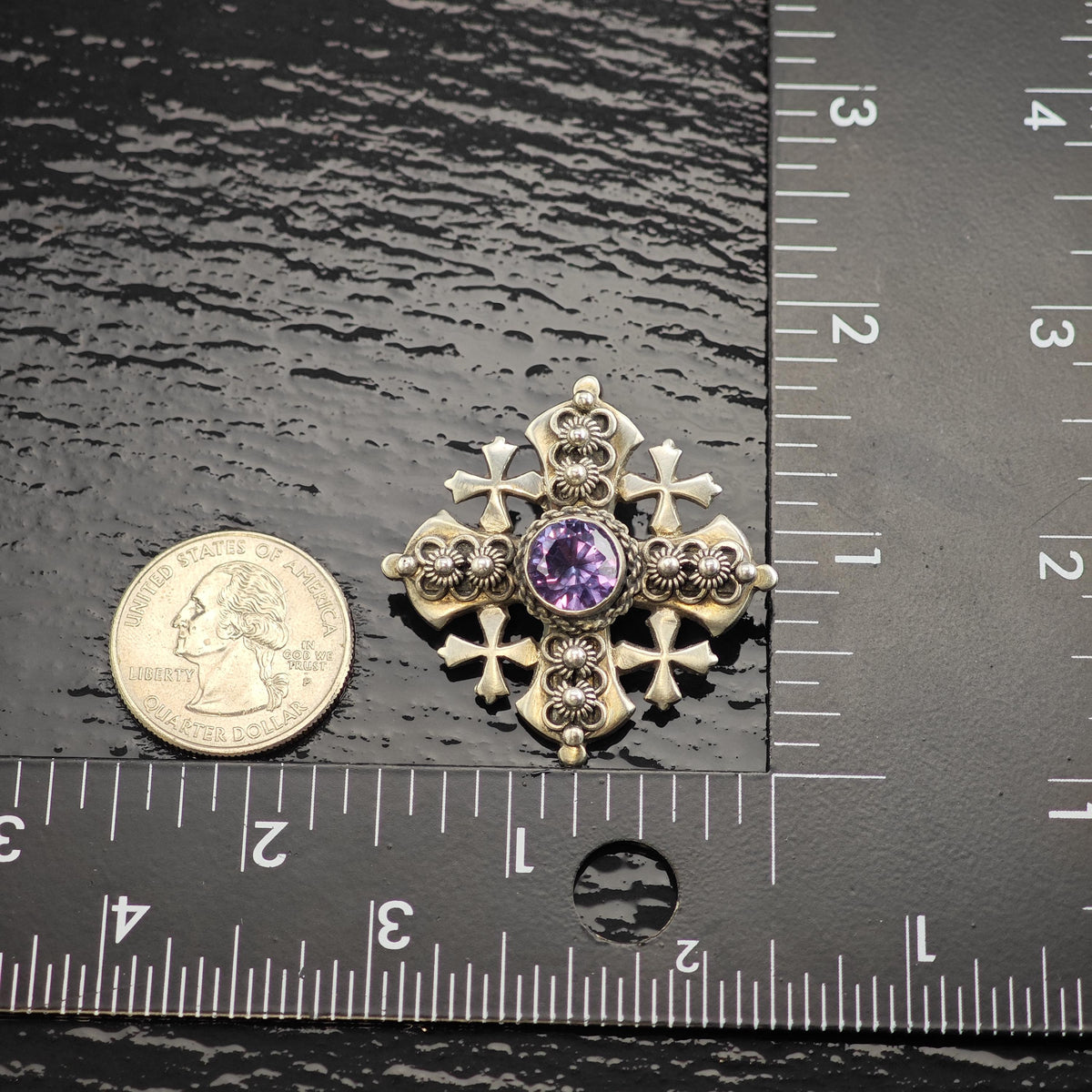 Color Change Corundum Jerusalem Cross 900 Silver Pendant/Brooch P3131