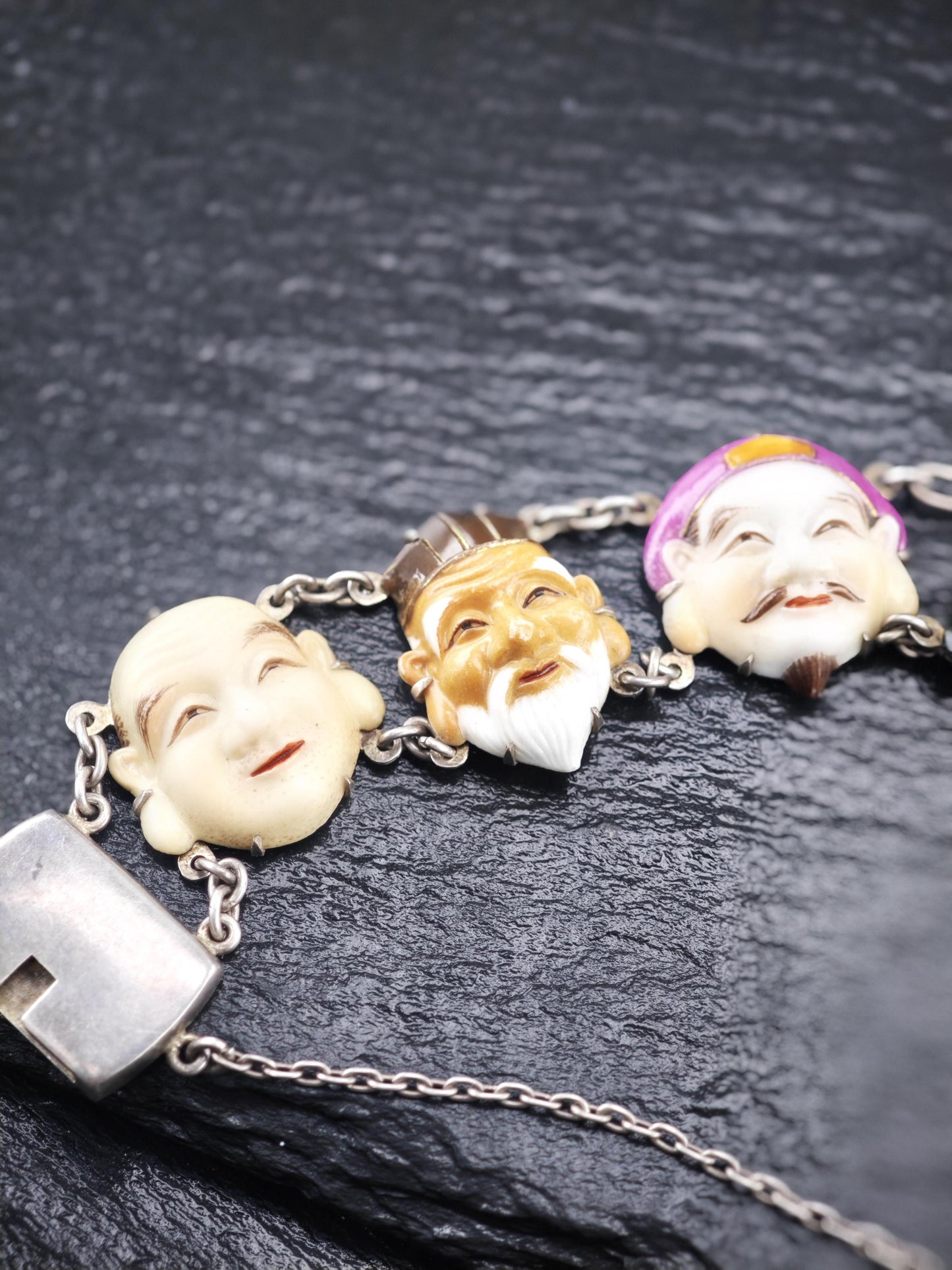 Pristine Japanese Toshikane, 7 Gods of Fortune Bracelet, Porcelain Sterling Silver