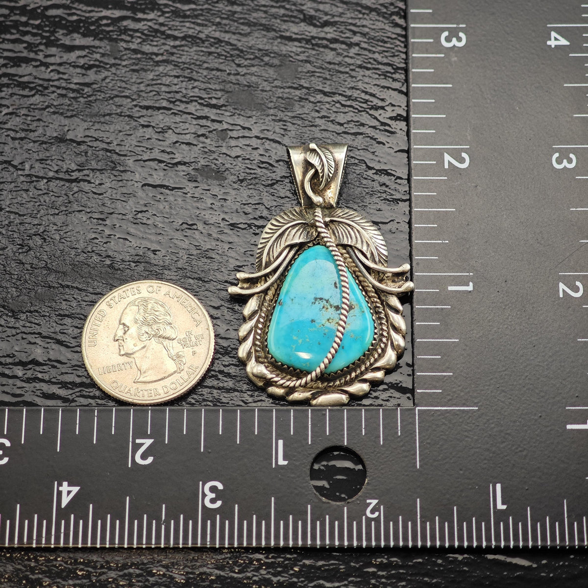 Kirk Turquoise Feather & Cord Detailing Sterling Silver Pendant P3147