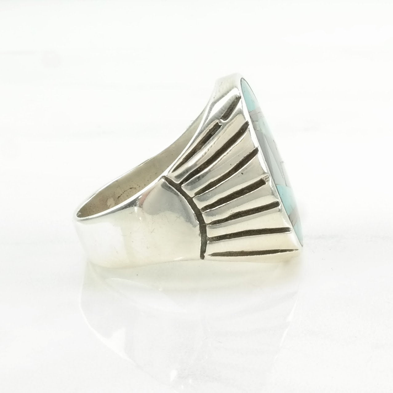 Vintage Native American Silver Ring Turquoise, Onyx, MOP Inlay Sterling Blue, Black, White Size 12 3/4