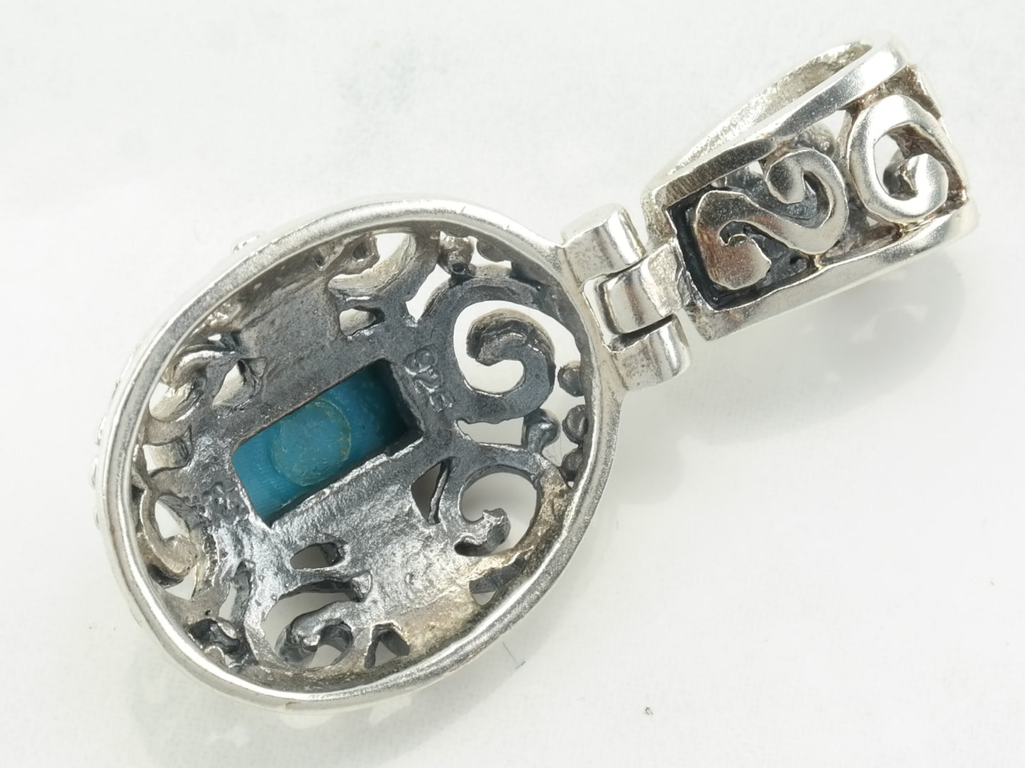 Vintage Block Turquoise Filigree Sterling Silver Pendant