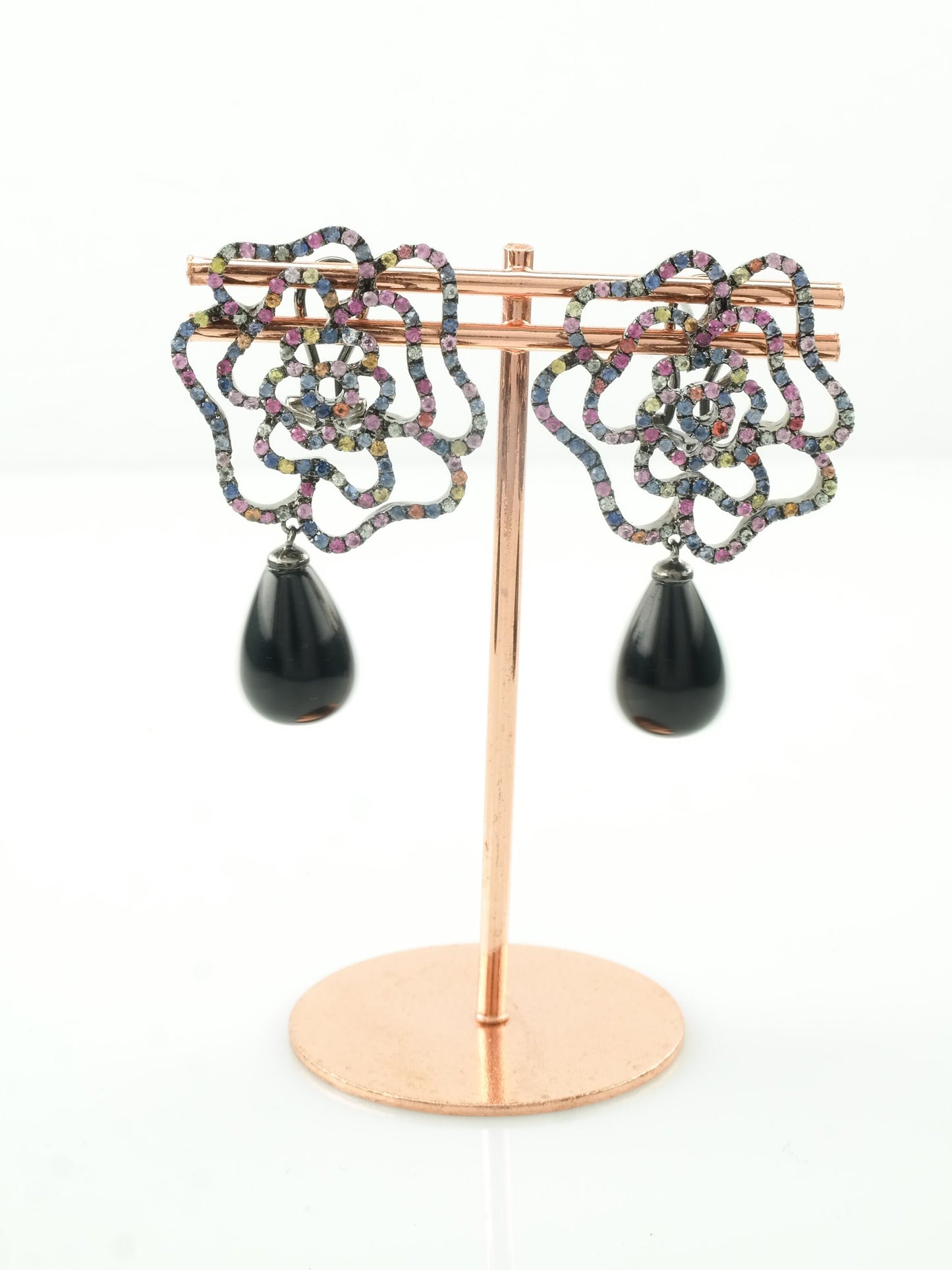 Levian Sterling Silver Multicolor Black Onyx Sapphire Floral Omega back Earrings