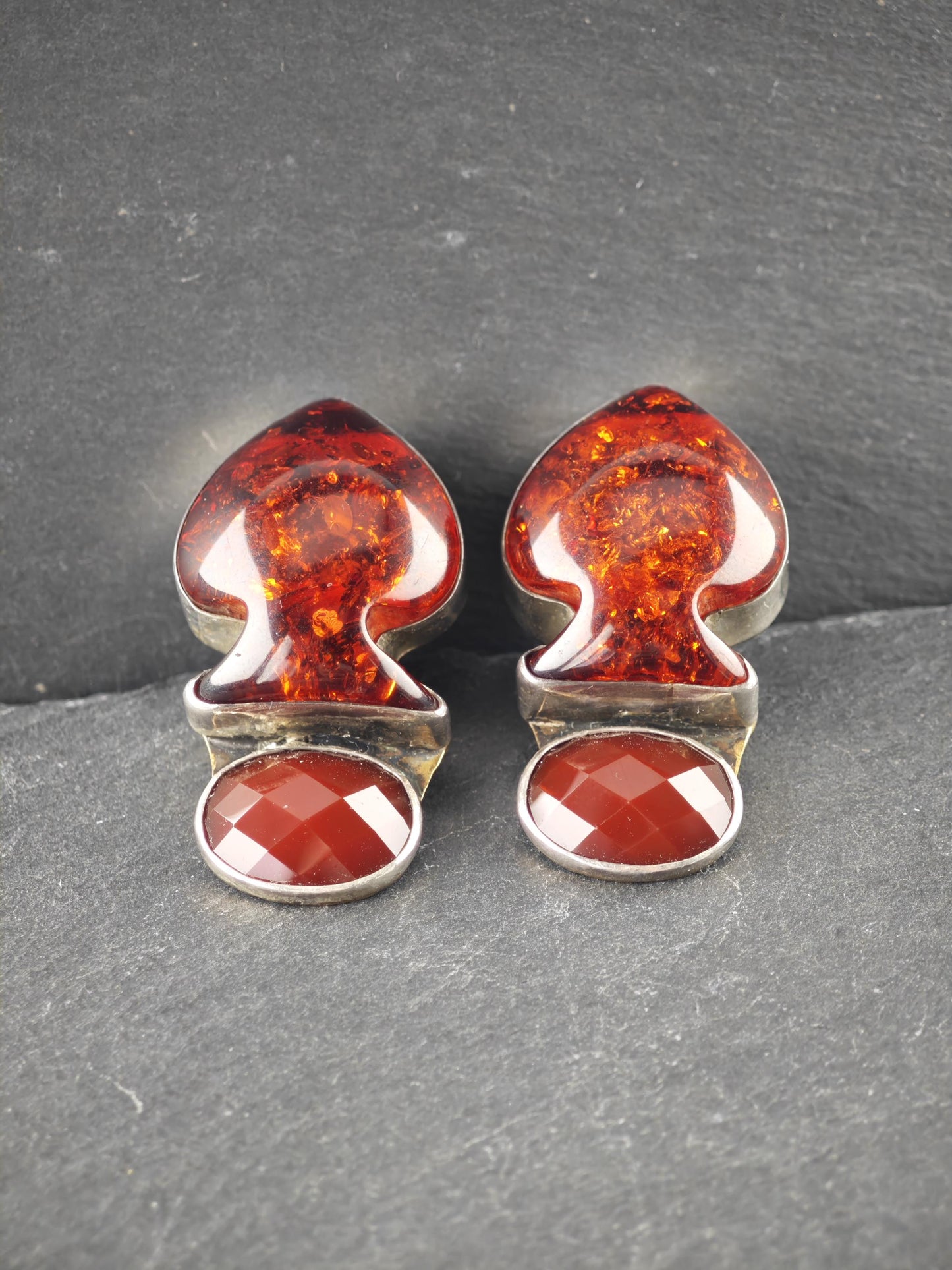 Sterling Silver Orange Red Amber Carnelian Clip-On Earrings