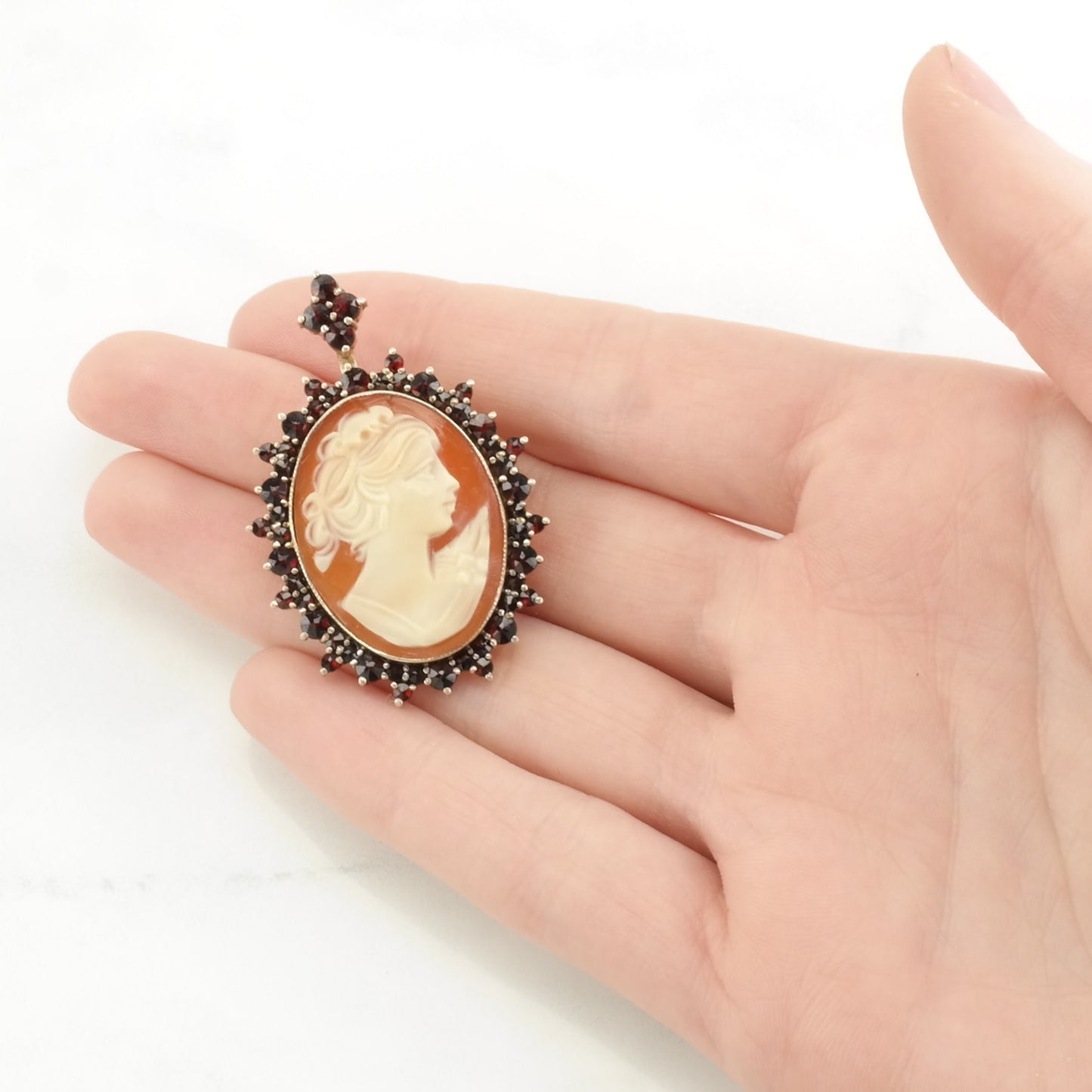 Red, Orange Silver Brooch Pendant Bohemian Garnet, Gold Gilded Cameo Sterling B1852
