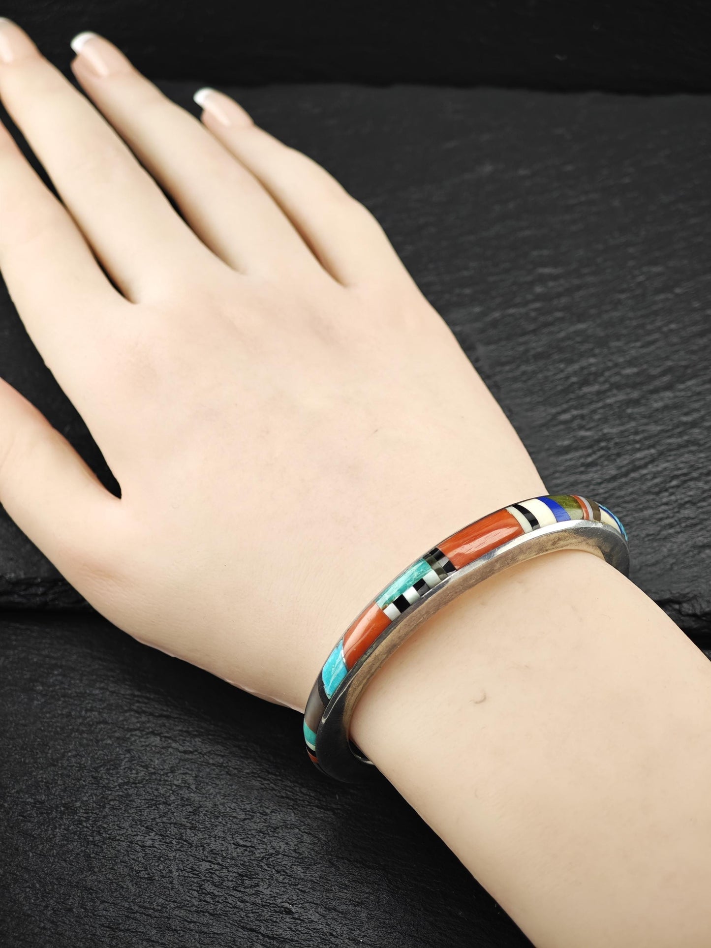 Signed Native American Inlay, Cuff Bracelet Sterling Silver