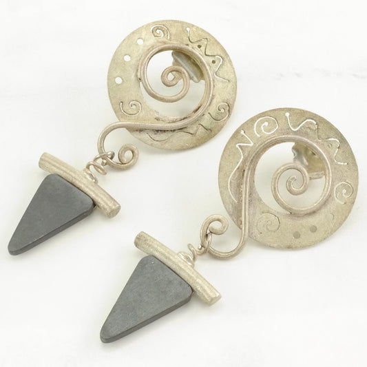 Vintage Sterling Silver Stud, dangle Earrings Swirl Triangle