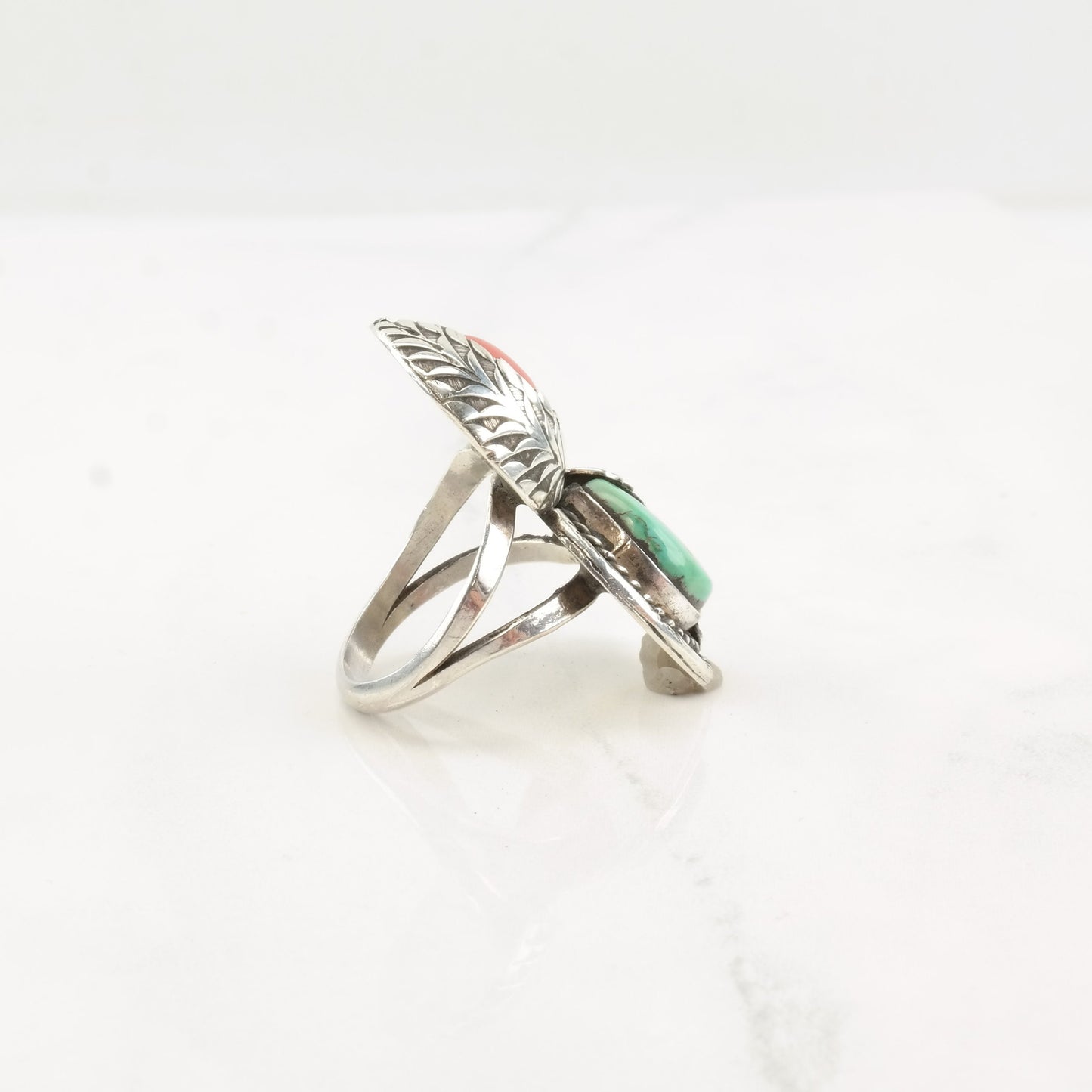 Native Silver Ring Turquoise Coral Leaf Double Sterling Sz7 3/4 R4310