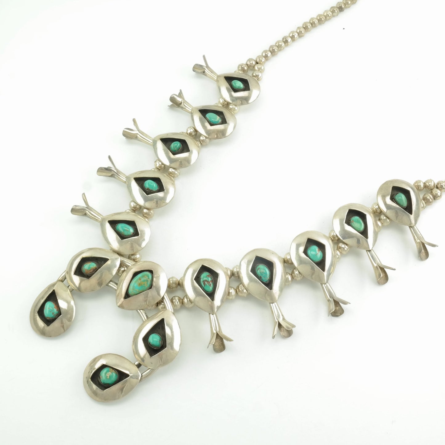 Vintage Native American Sterling Silver Royston Turquoise Shadowbox Squash Blossom Necklace