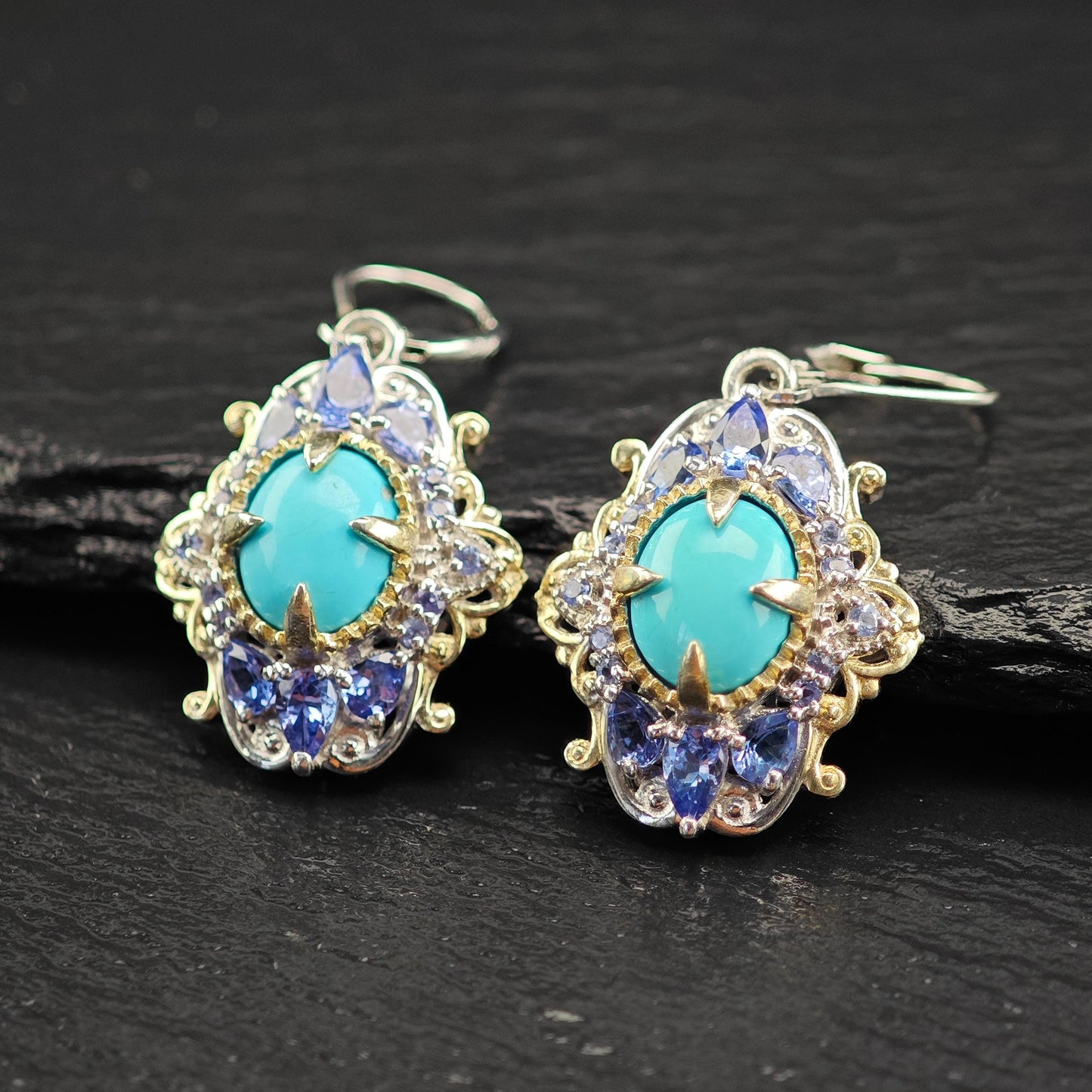 Turquoise Tanzanite Lever Back Earrings in Sterling Silver - Multi-Color Design
