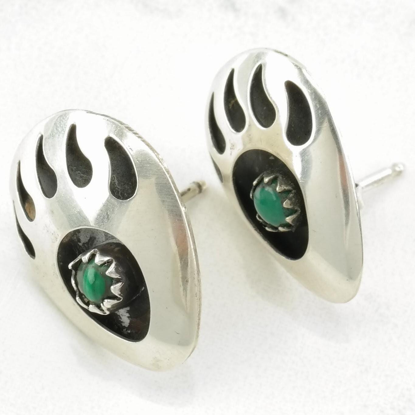 Southwest Sterling Silver Malachite Bear Paw Earrings Stud