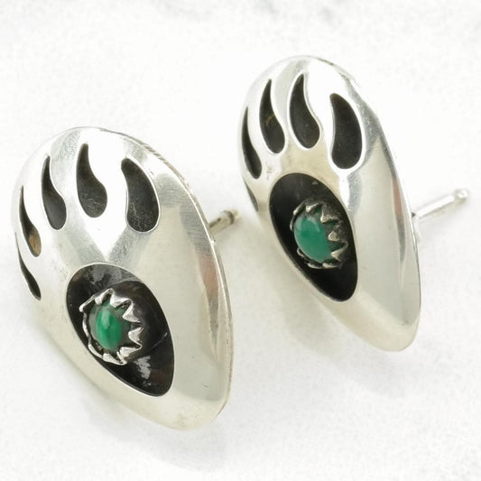 Southwest Sterling Silver Malachite Bear Paw Earrings Stud