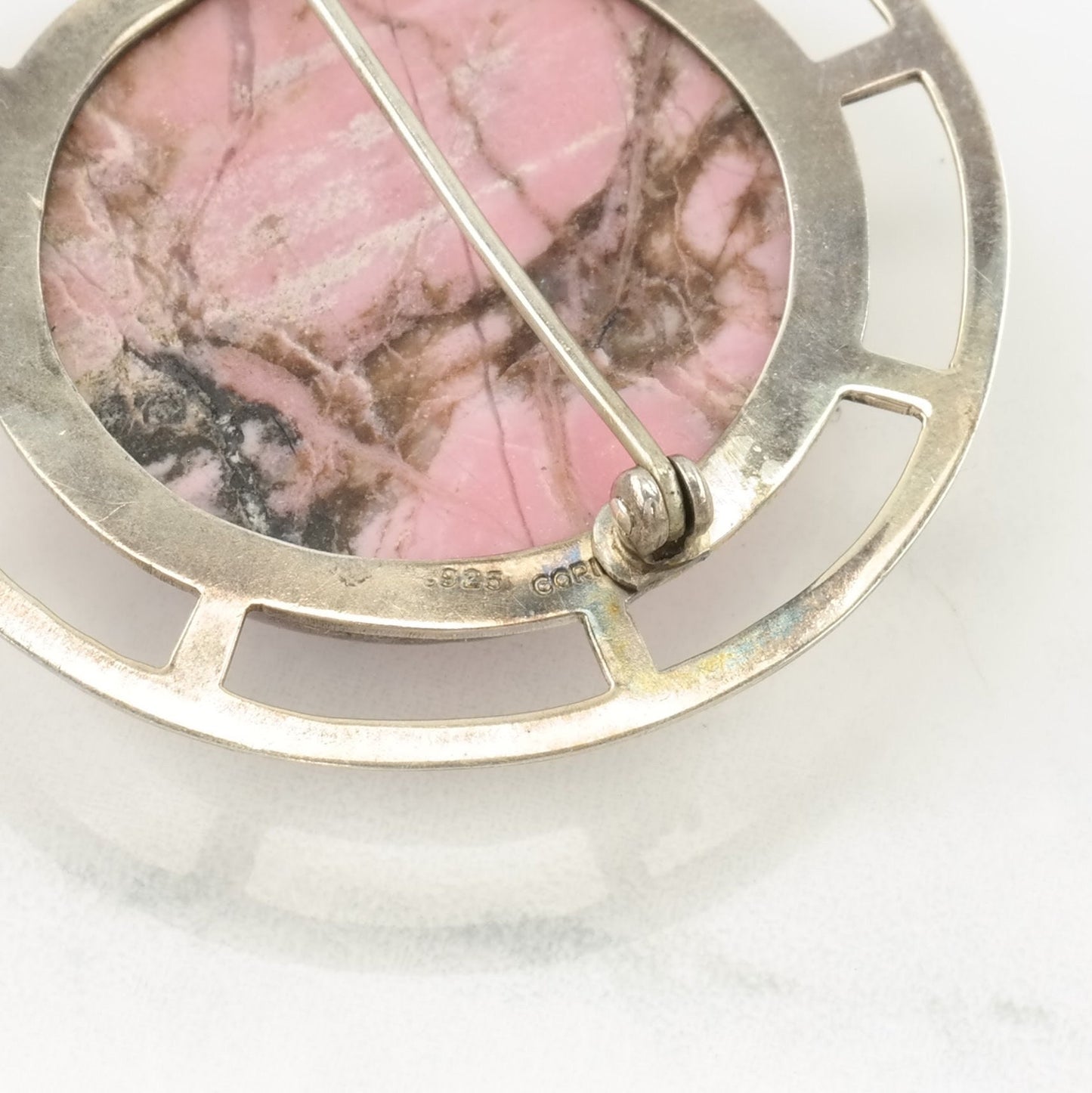 Choice MCM Style Sterling Silver Brooch Pink Rhodonite B1940