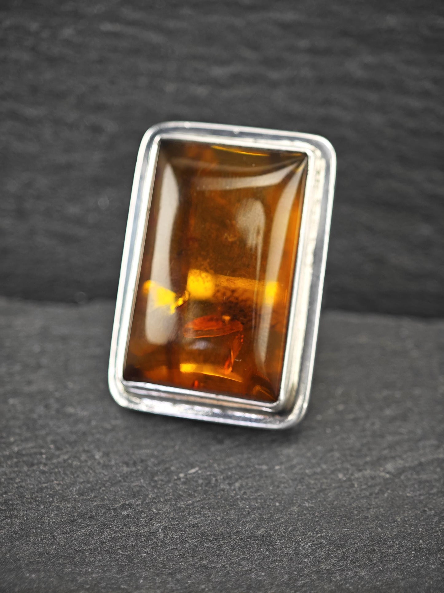 Large Rectangular Amber Ring Sterling Silver