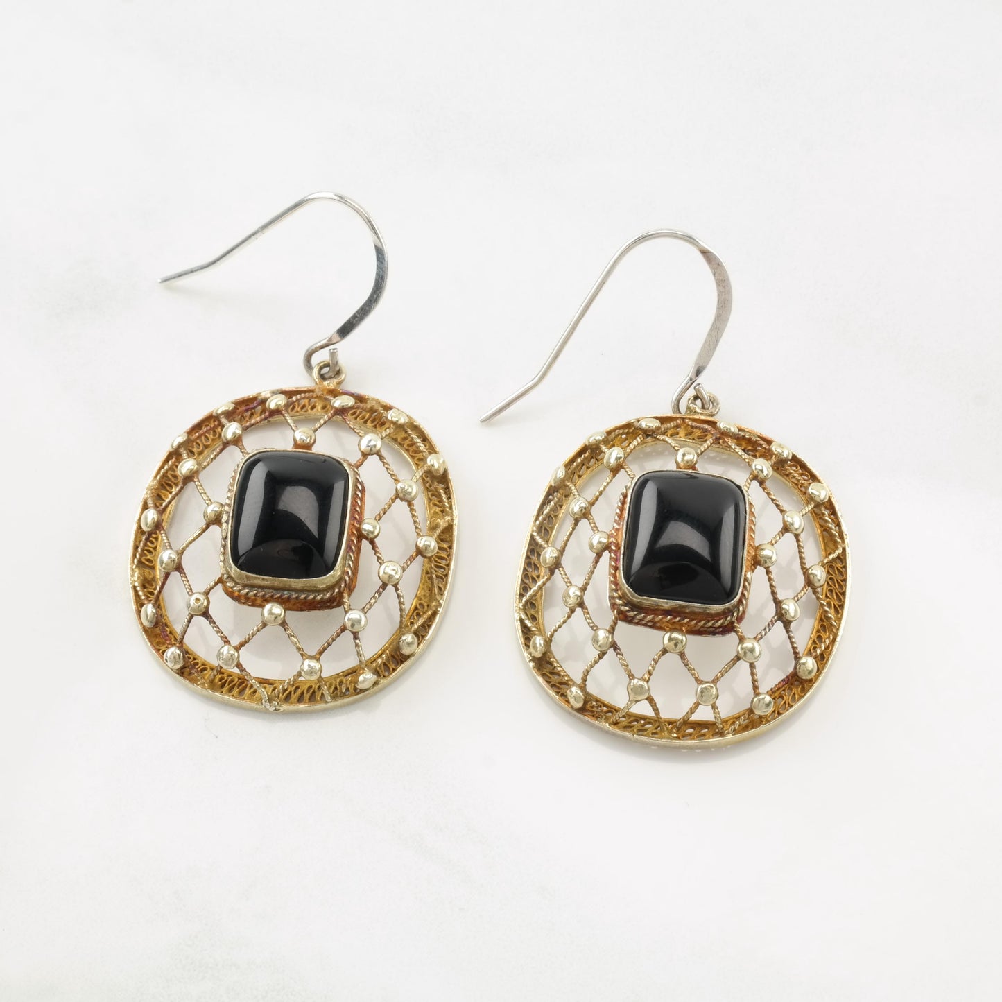 Vintage Black Onyx Gold Plated Net Sterling Silver Fish Hook Earrings