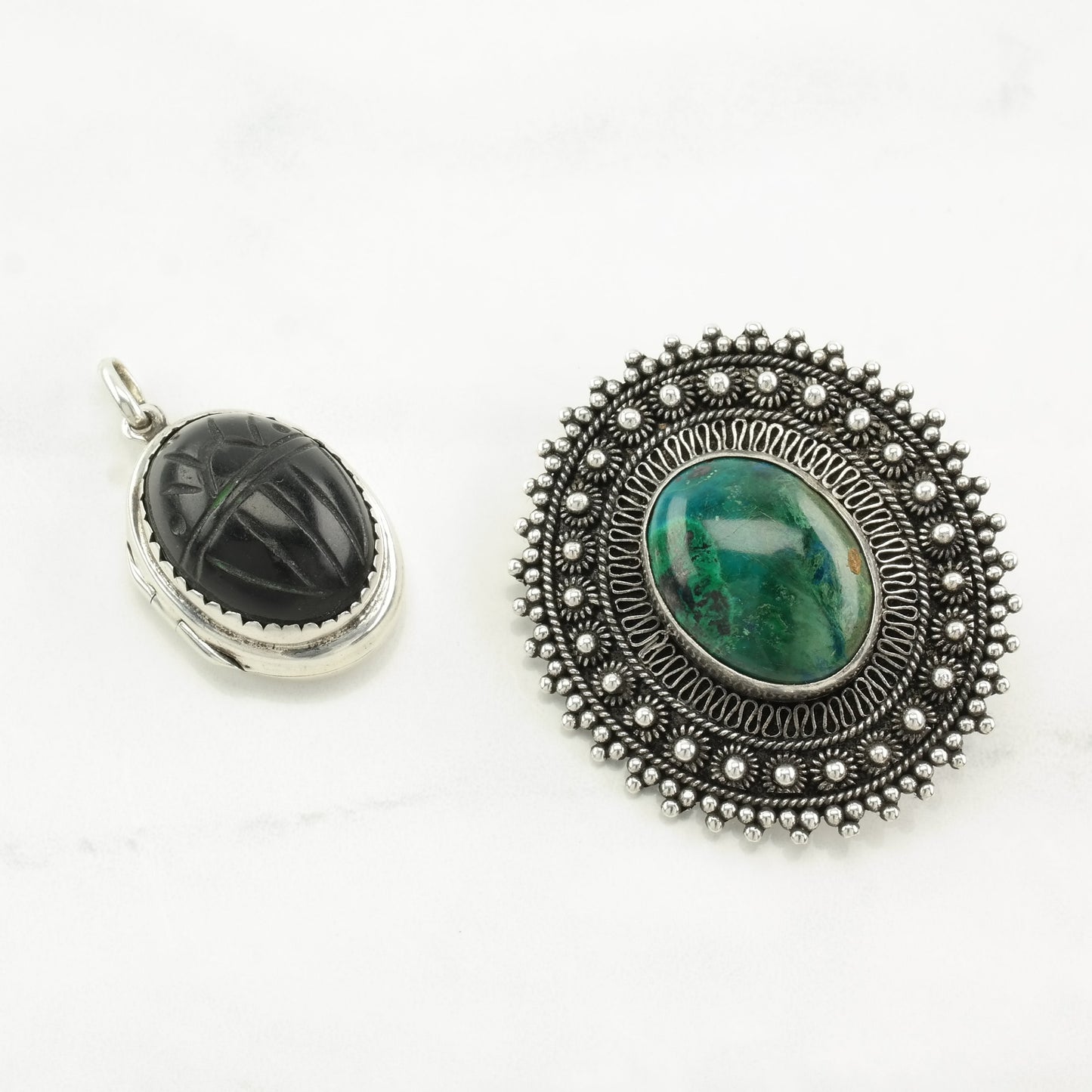 Vintage Choice of Carved Jet, Chrysocolla Sterling Silver Pendant