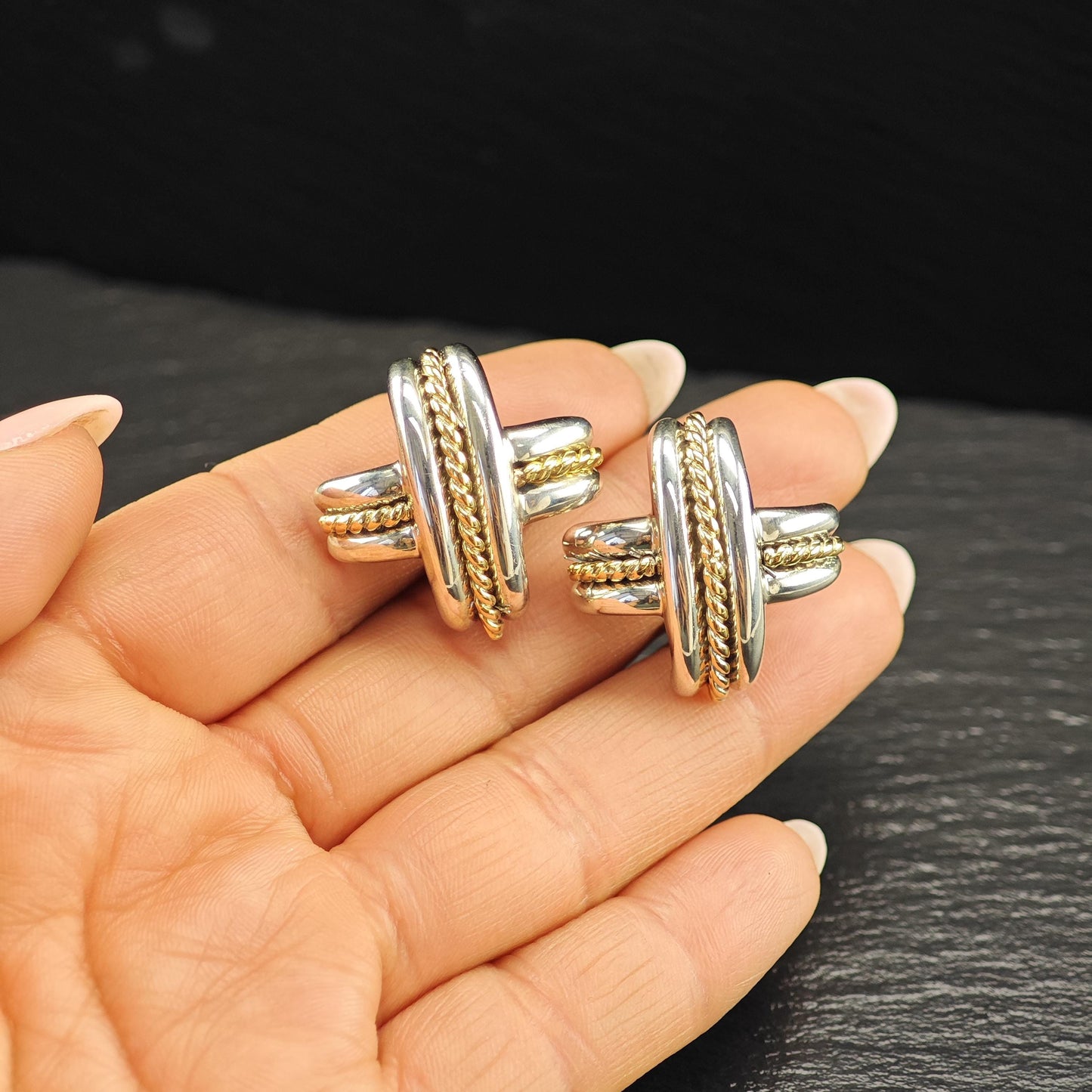 Tiffany Gold Cross, X 18k Gold Accent, Two Tone Omega Back Earrings Sterling Silver