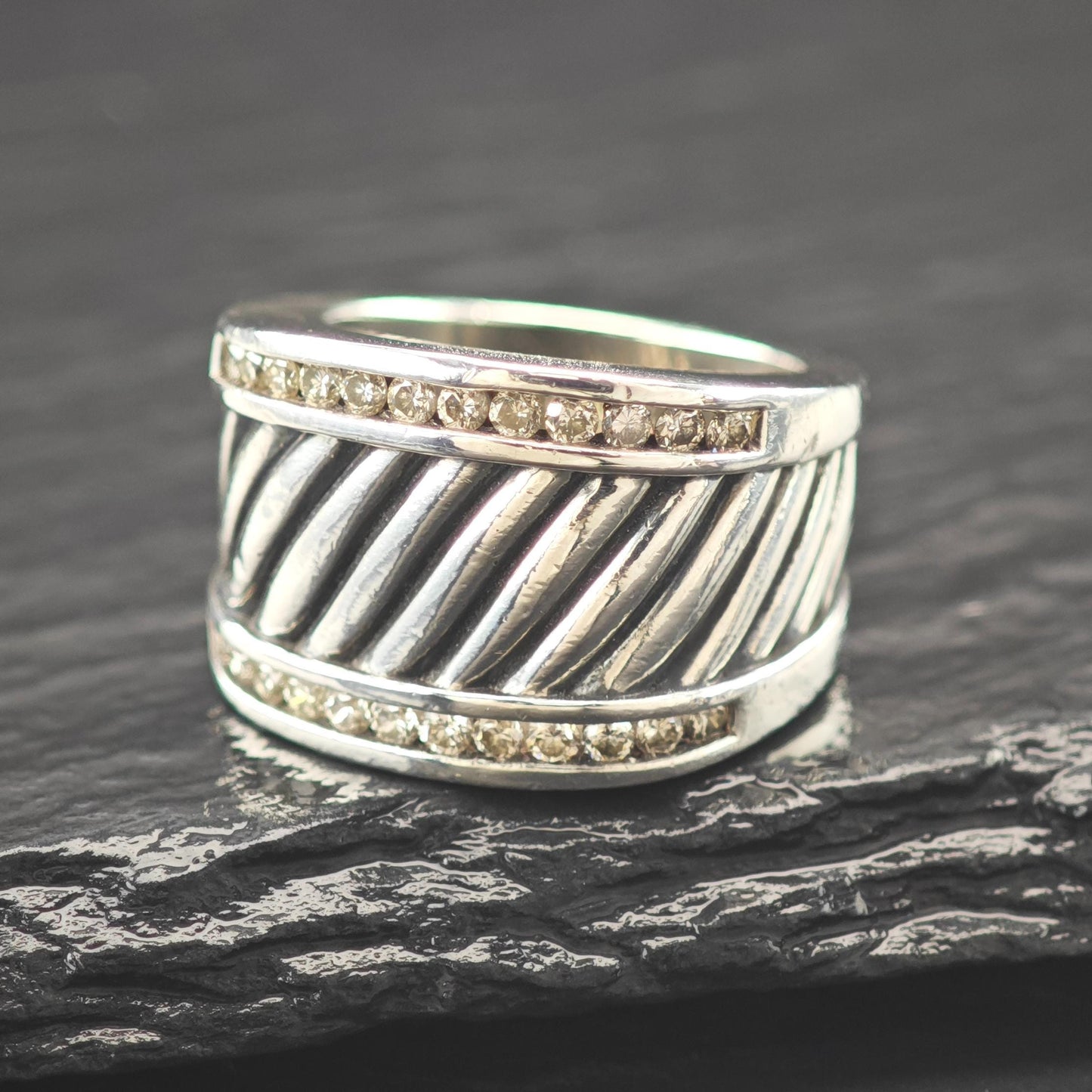 David Yurman Diamond Ring Cigar Band Sterling Silver