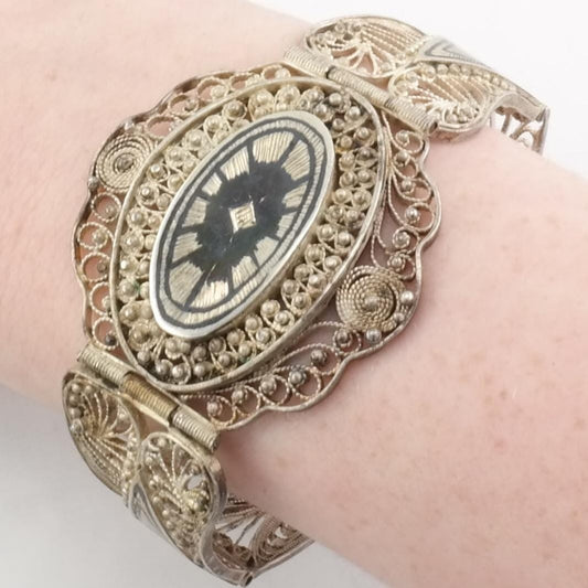 Vintage Egyptian Sterling Silver Link Bracelet Black Filigree Niello