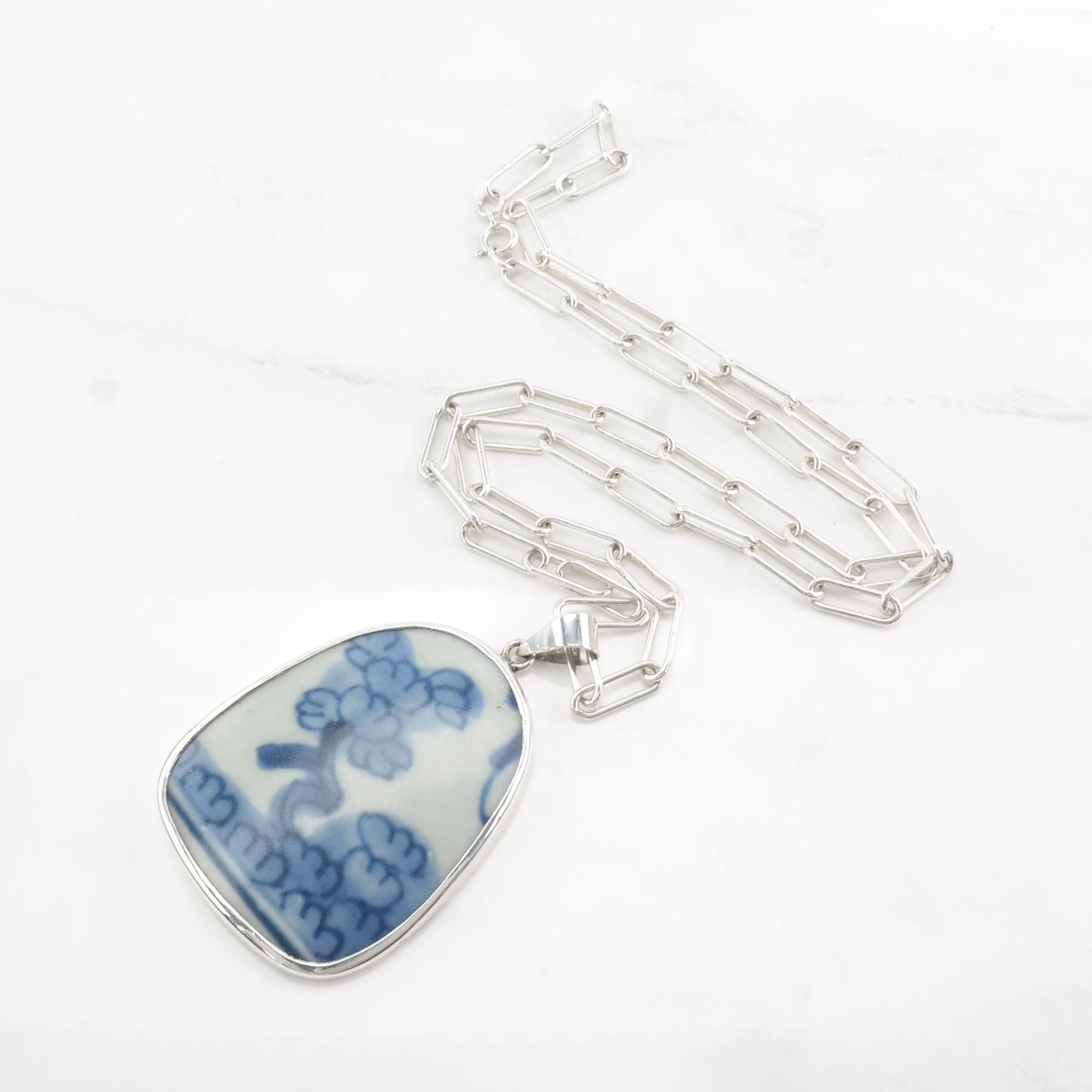Vintage Chinese Sterling Silver Blue, White Painted Porcelain Trees Necklace