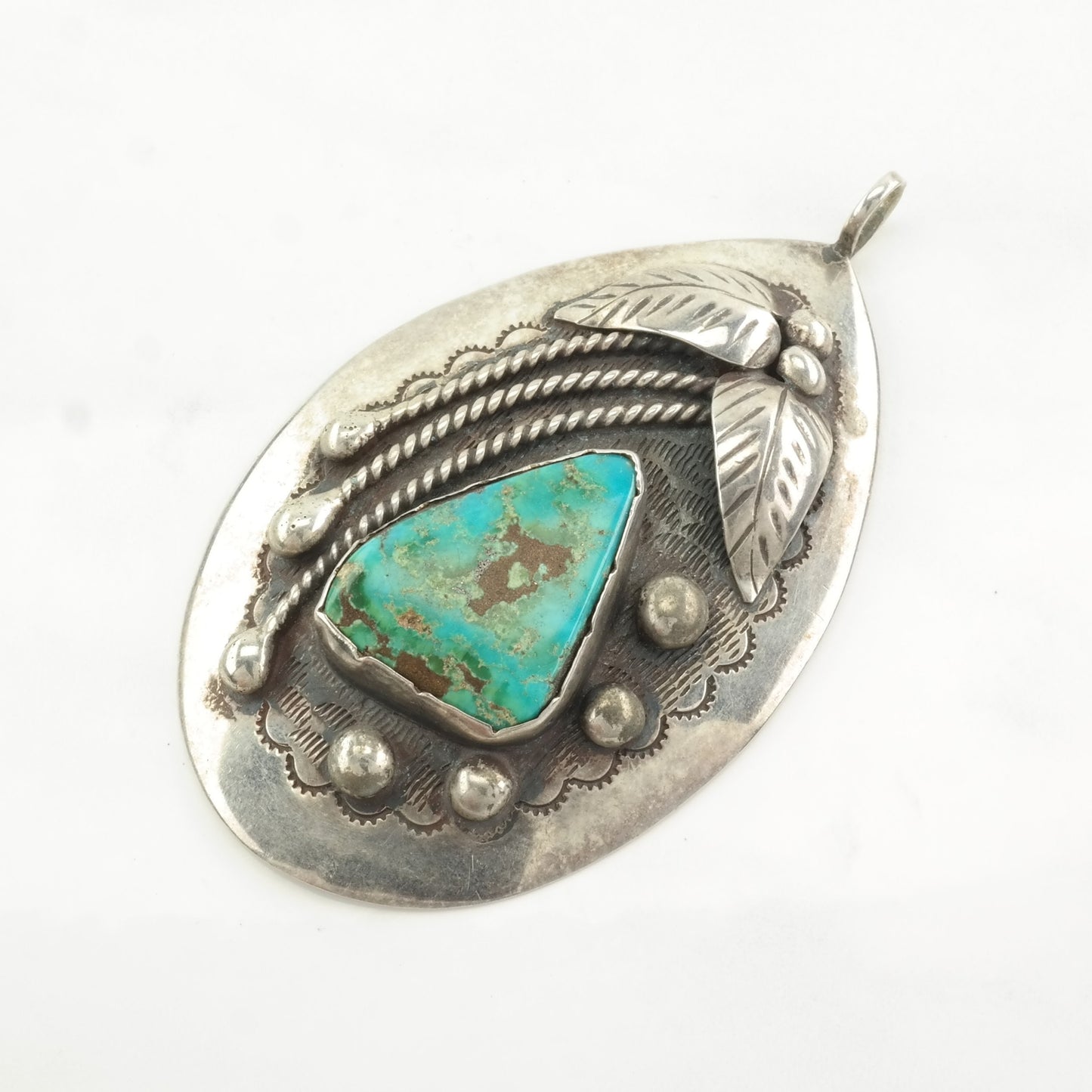 Vintage Native American Turquoise Leaf Sterling Silver Pendant