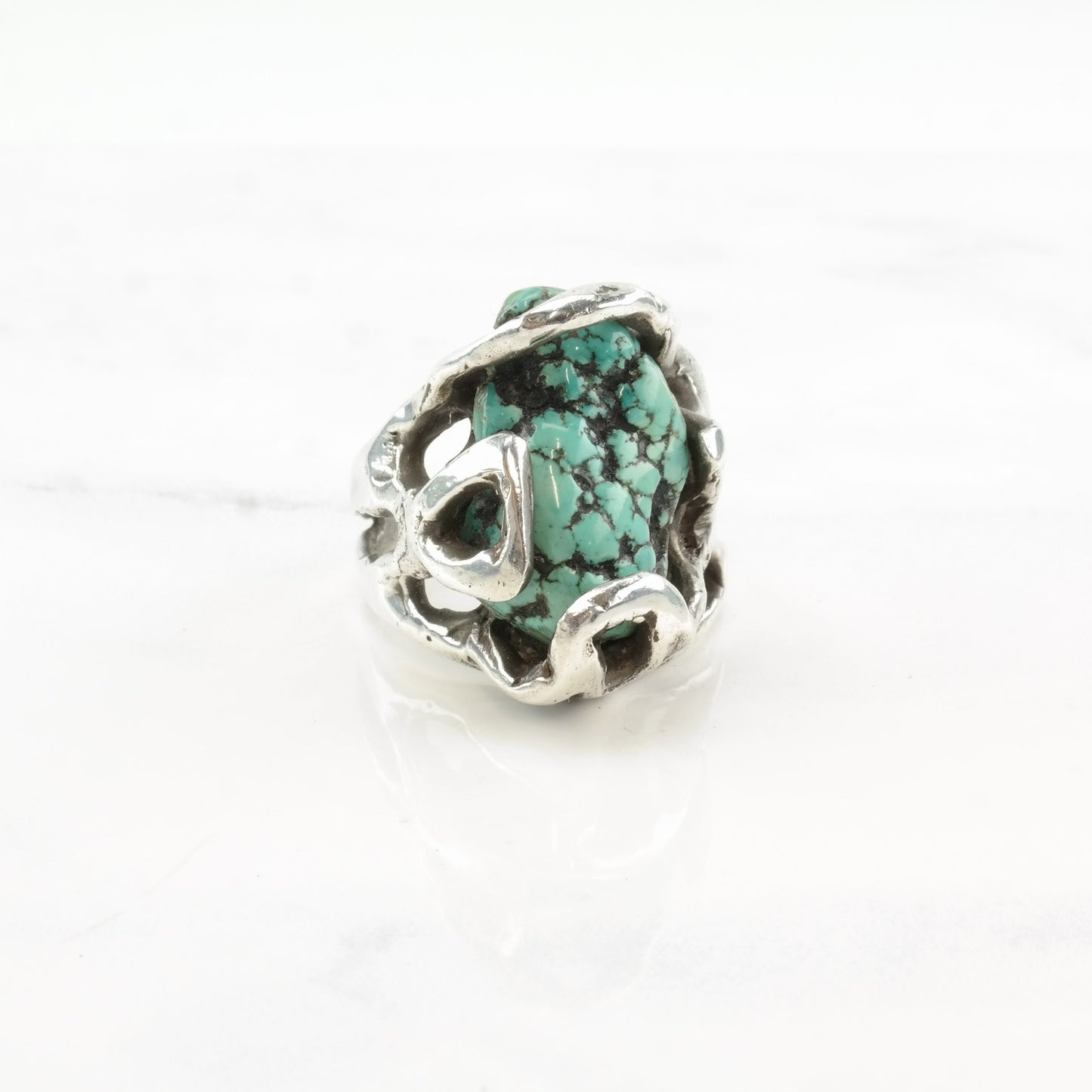 Vintage Brutalist Sterling Silver Ring with Turquoise, Spiderweb Design, Size 10 1/2, Circa 1980s