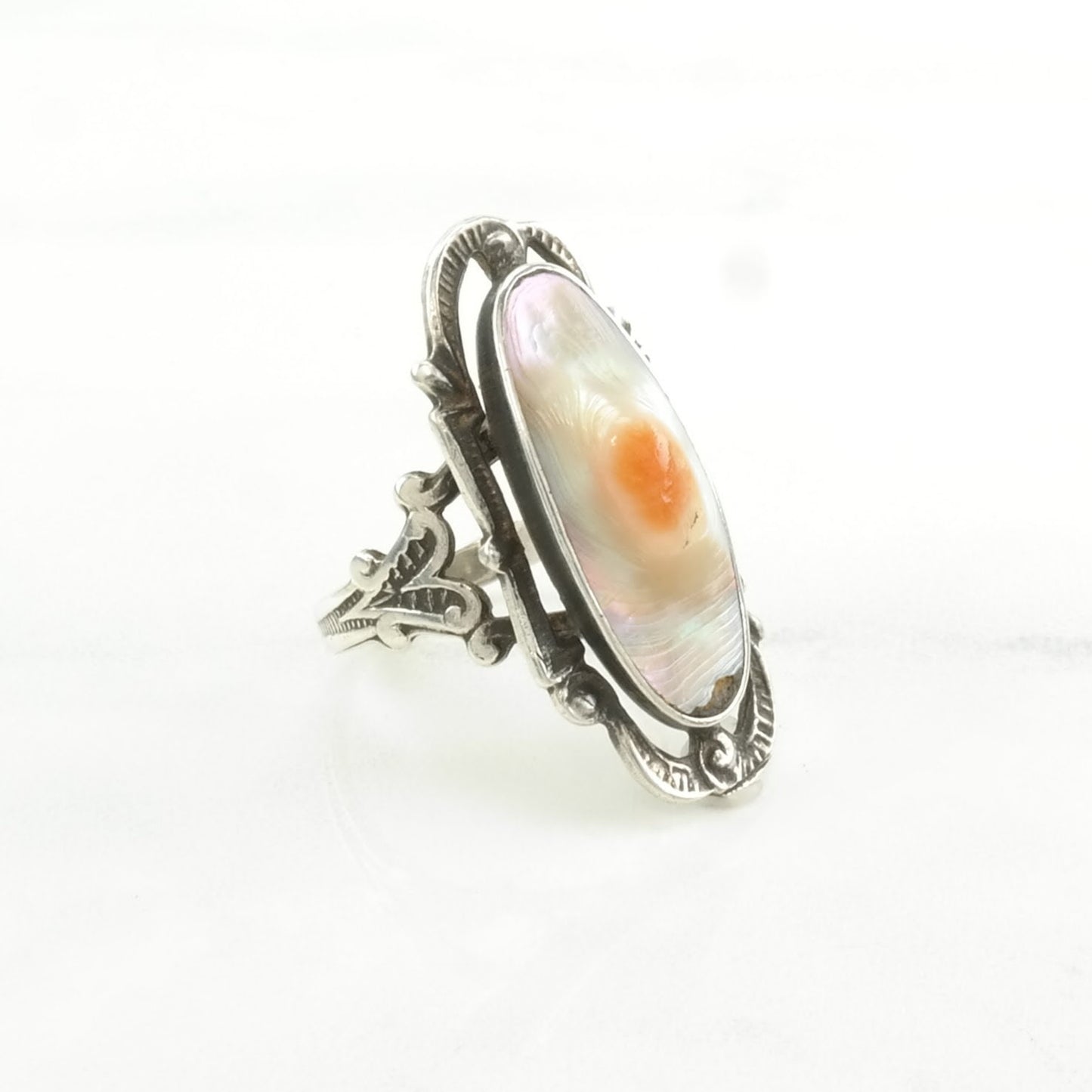 Art Deco Silver Ring Blister Pearl Navette Sterling Size 6