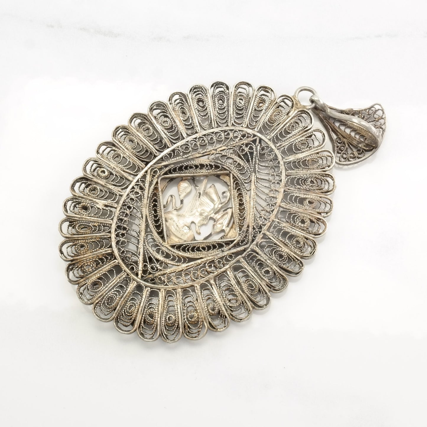 Archeological Revival Filigree Egyptian Sterling Silver Pendant P2074