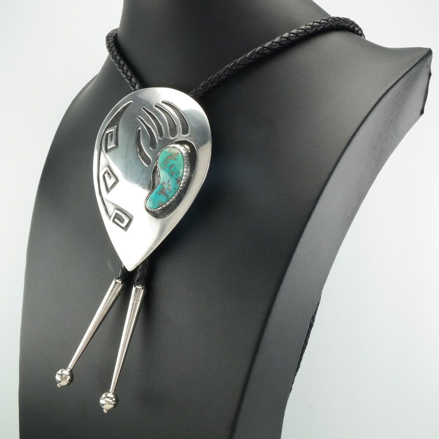 Vintage Navajo Sterling Silver Bolo Tie, Turquoise Bear Paw, Native American Jewelry, Southwestern Style, Mens Bolo Tie, 1970s
