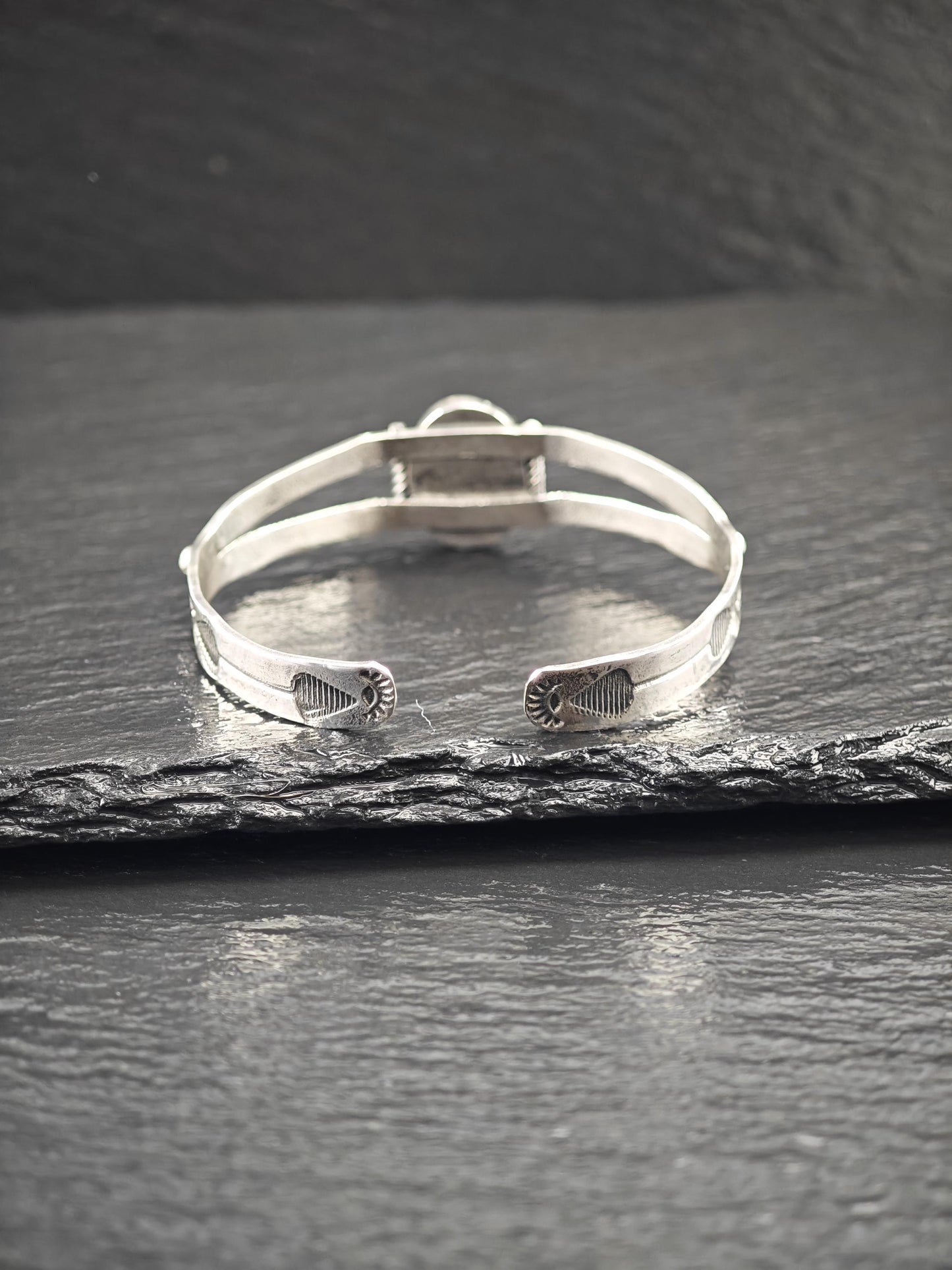 Curio Native American, Stamped Natural Turquoise Cuff Bracelet Sterling Silver