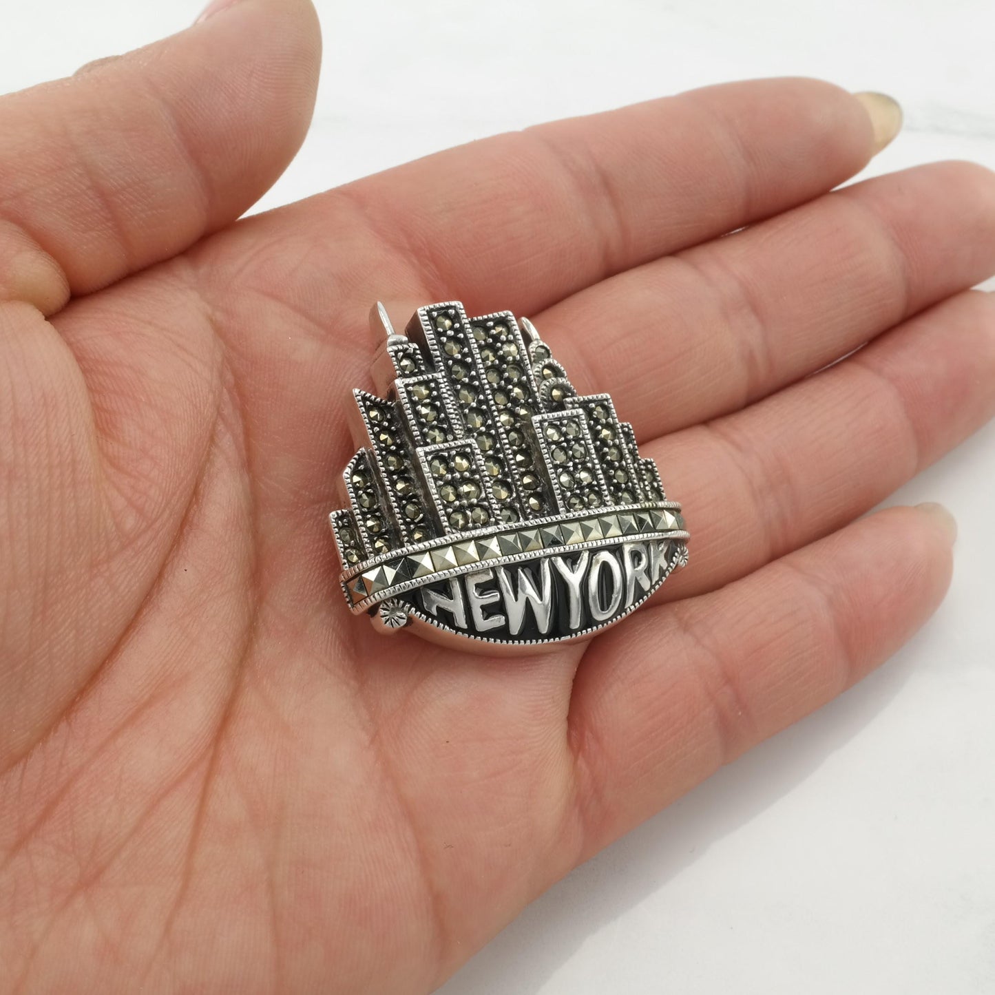 Judith Jack New York Brooch Sterling Silver Skyline Enamel Marcasite B1950