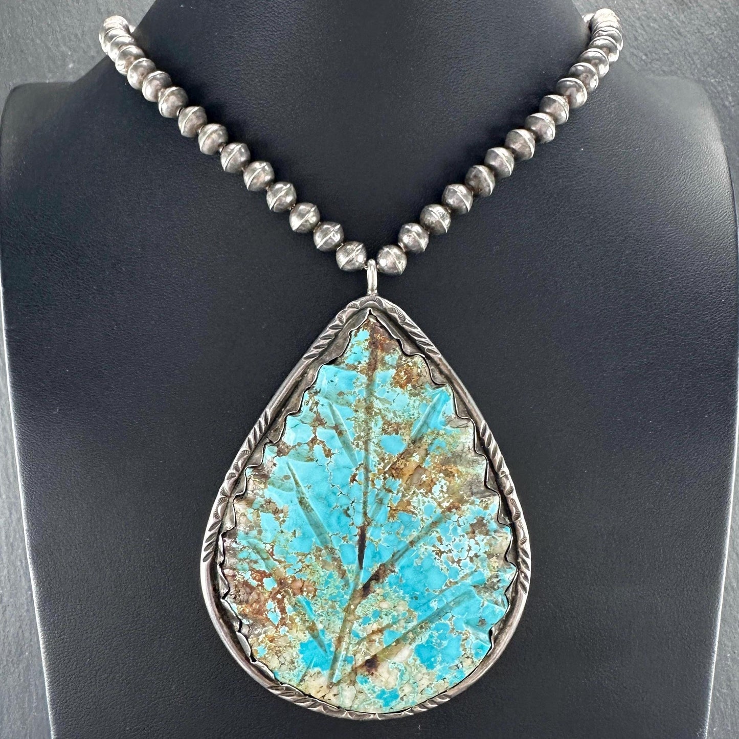 Native American Blue Royston, Beaded Necklace Sterling Silver