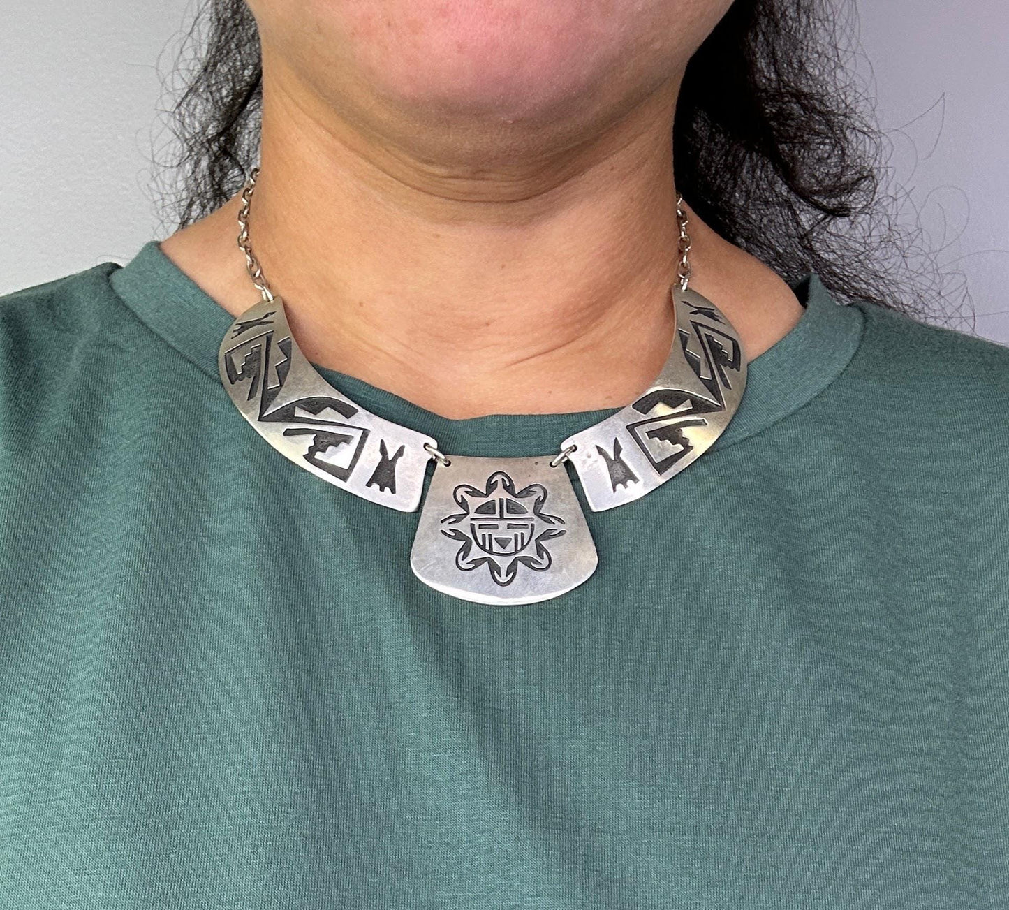 Vintage Hopi Sterling Silver Overlay Necklace with Sunface Pendant, Native American, 1980s