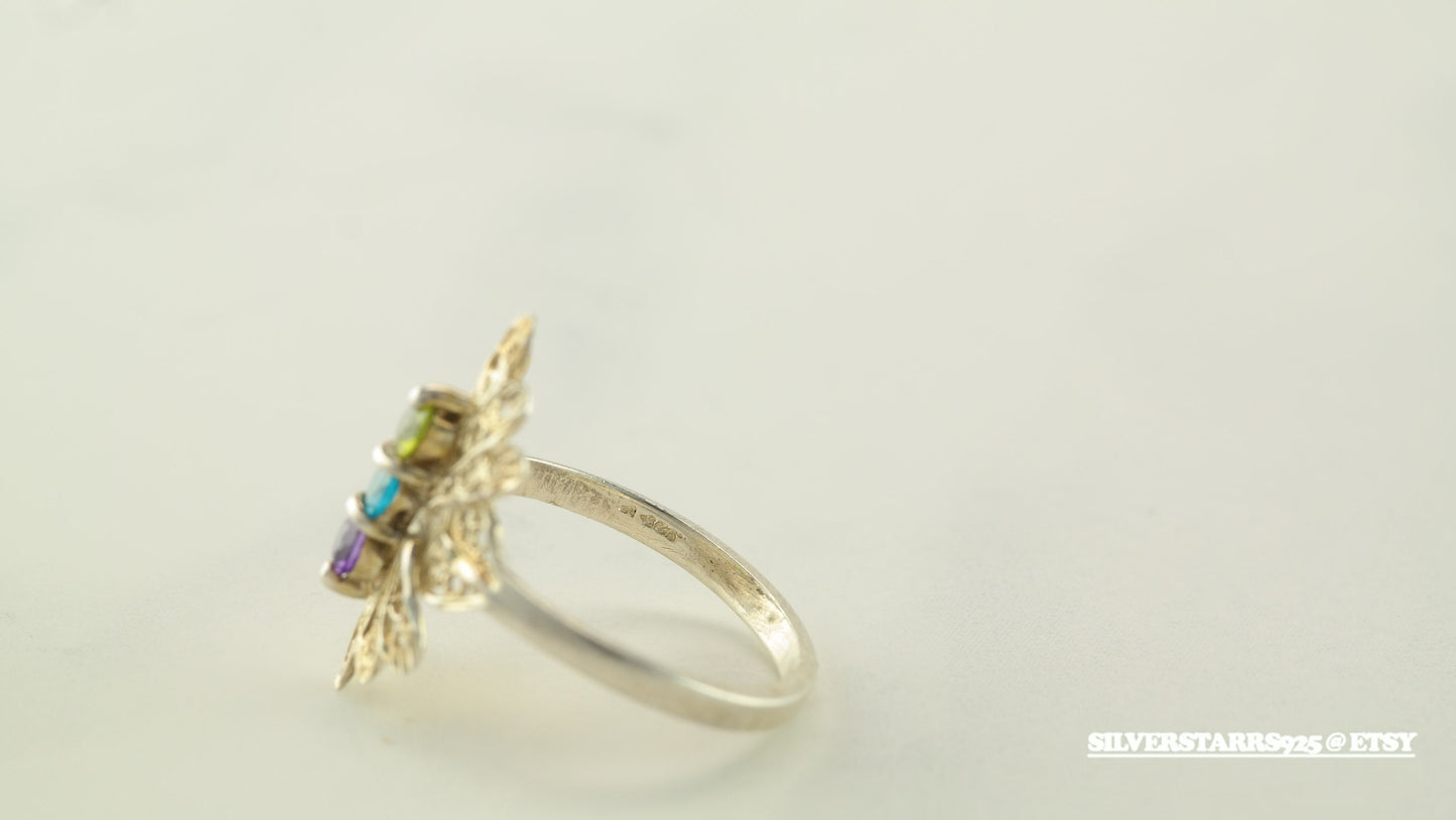 Multi-color Gemstone Silver Ring Size 8 Vintage Filigree Sterling