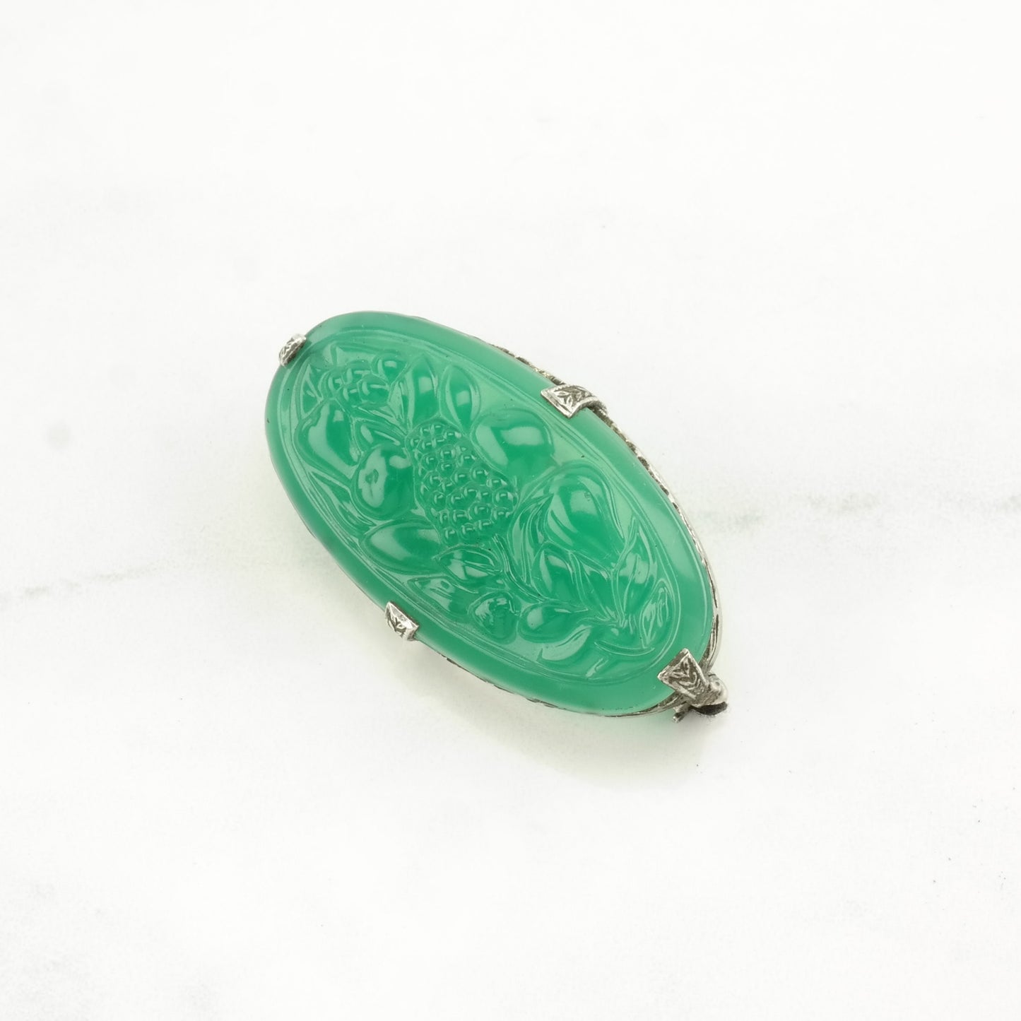 Art Deco Sterling Silver Brooch Floral, Grapes Green Carved Chrysoprase B1851