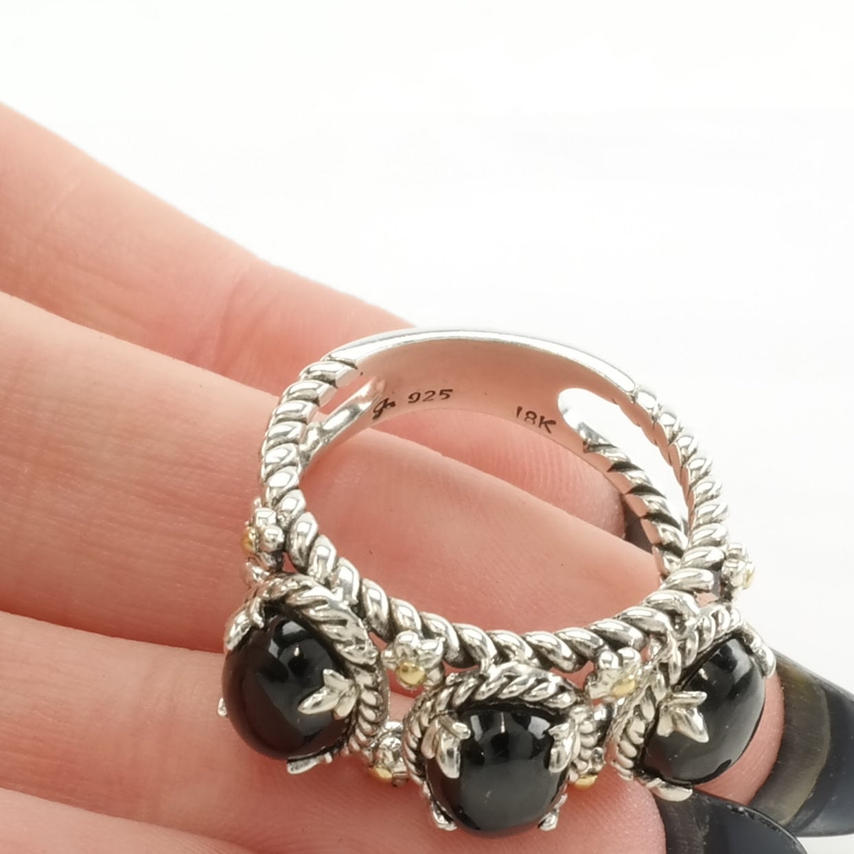 Designer Silver Ring Onyx Three Stone, 18k Gold Accent Sterling Black Sz7 1/4 R5016