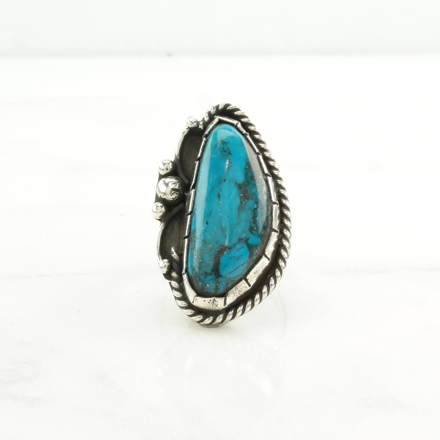 Vintage Southwest Silver Ring Turquoise Rope Detail Sterling Blue Size 8