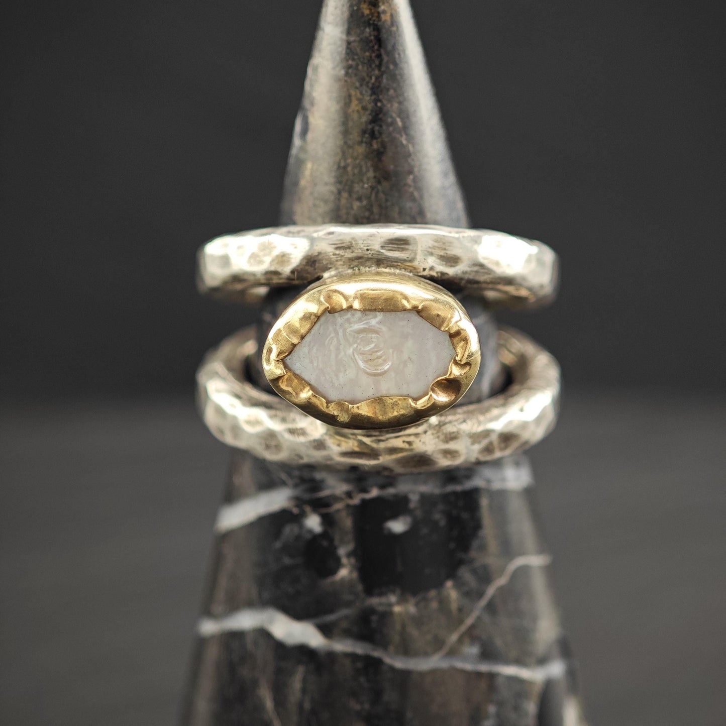 Brutalist Pearl Ring in Sterling Silver 9k Gold Bezel R5808