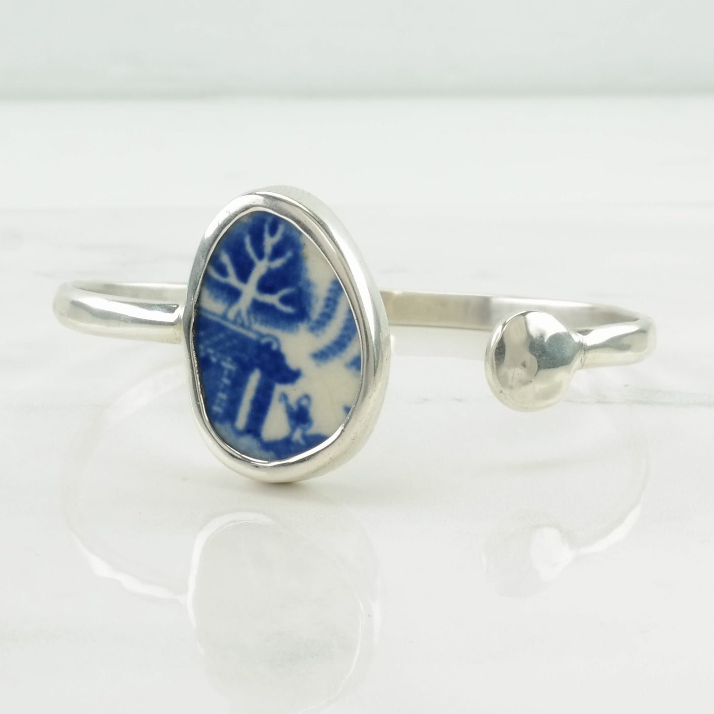 Vintage Sterling Silver Cuff Bracelet Blue, White Porcelain