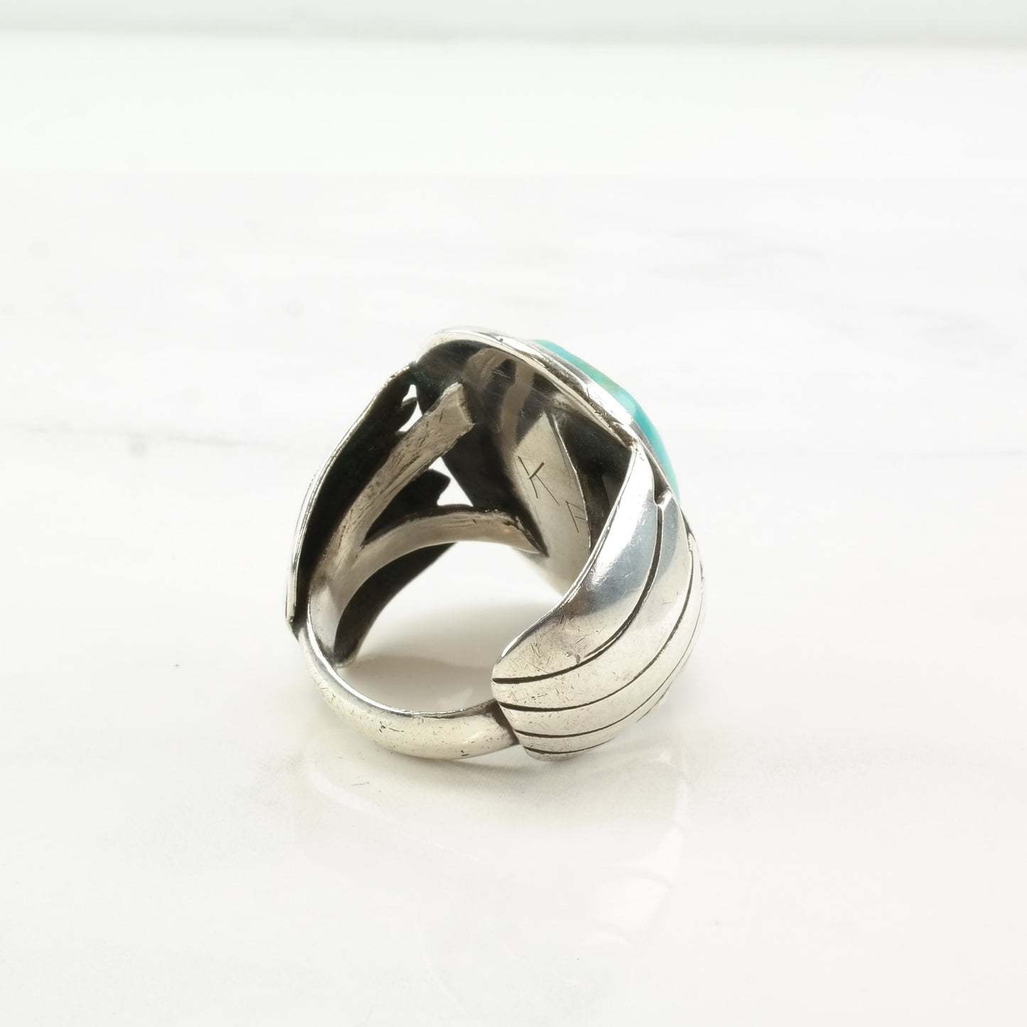 Vintage Southwest Sterling Silver & Turquoise Feather Shadowbox Ring, Size 12.5