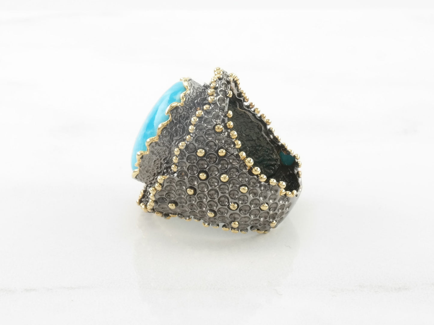 Vintage JAS Sterling Silver Ring Turquoise Diamond Blue Oval Textured Size 7 1/4