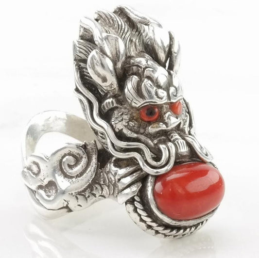 Vintage Chinese Export Silver Ring Coral Dragon Sterling Red Size 6 3/4
