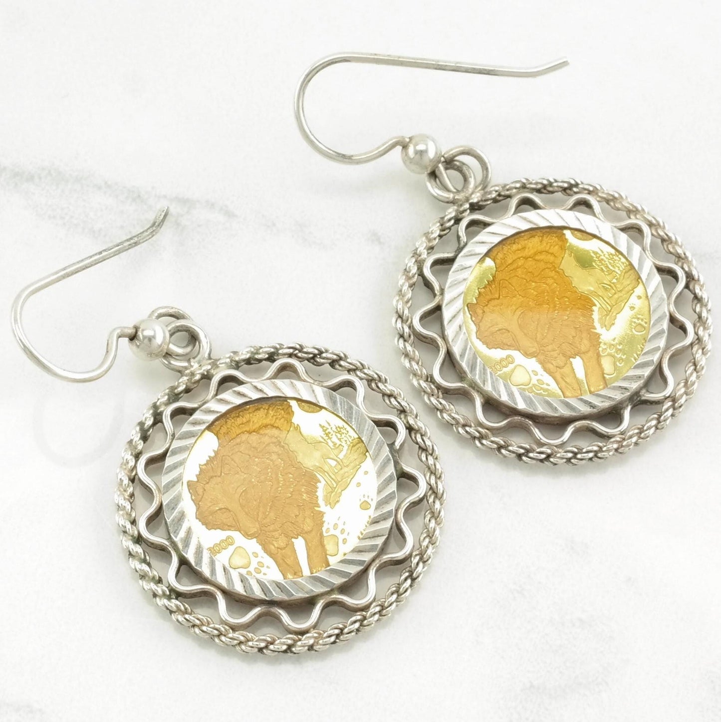 Sterling Silver Wolf Coin, Alaska, Gold Tone Earrings Fish hook