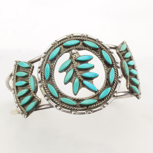 Native American Sterling Silver Turquoise Leaf Cluster Needle Point Cuff Bracelet