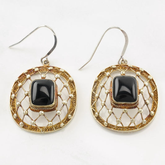 Vintage Black Onyx Gold Plated Net Sterling Silver Fish Hook Earrings