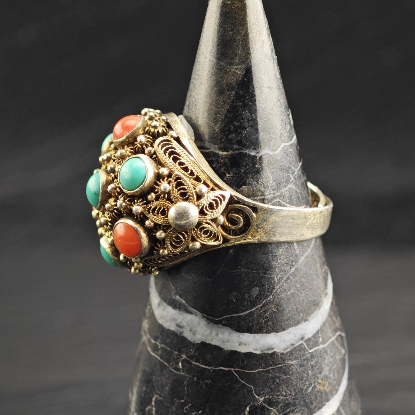 Chinese Export Turquoise & Coral Gold Gilded Ring Sterling Silver Sz 8 1/4 R6618