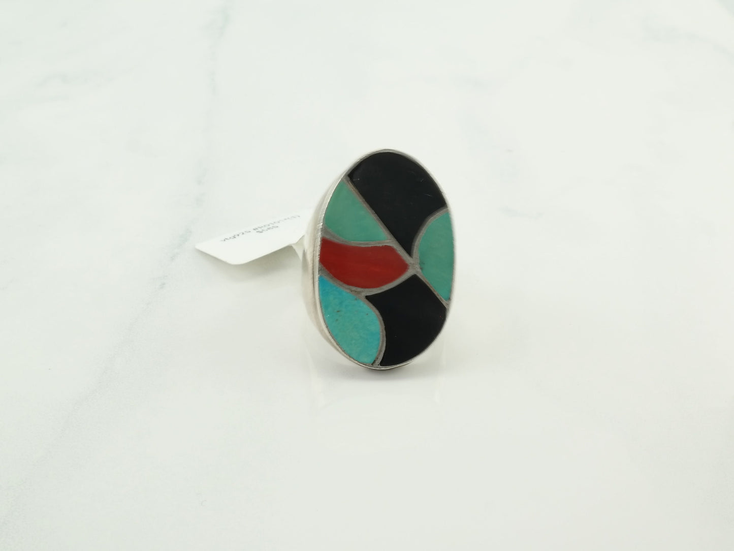 Vintage Native American Silver Ring Turquoise Coral Onyx Inlay Sterling Red Green Black Size 10 3/4