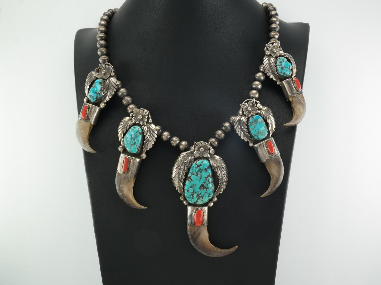 Native American Sterling Silver Turquoise, Coral, Floral, Feather Necklace