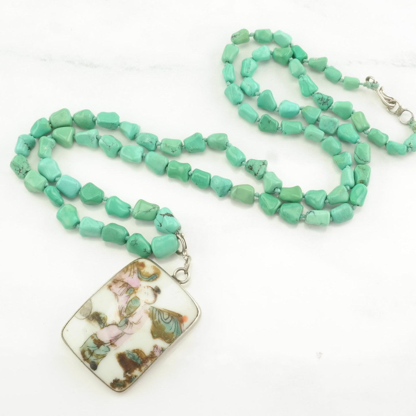 Vintage Antique Chinese Sterling Silver Turquoise, Porcelain Removeable pendant Necklace