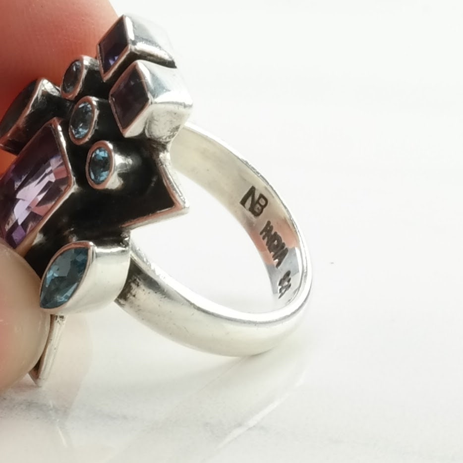 Vintage Nicky Butler Silver Ring Amethyst, Topaz Cluster, Geometric Sterling Blue, Purple Size 7